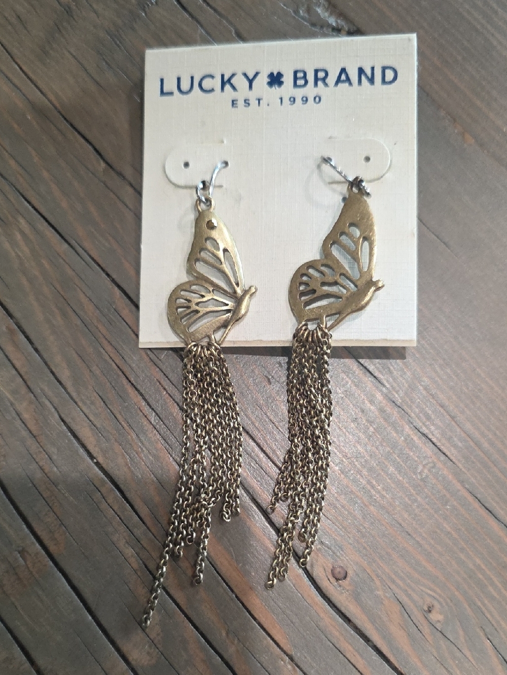 Lucky Brand Brass Butterfly Tassel Drop Earrings